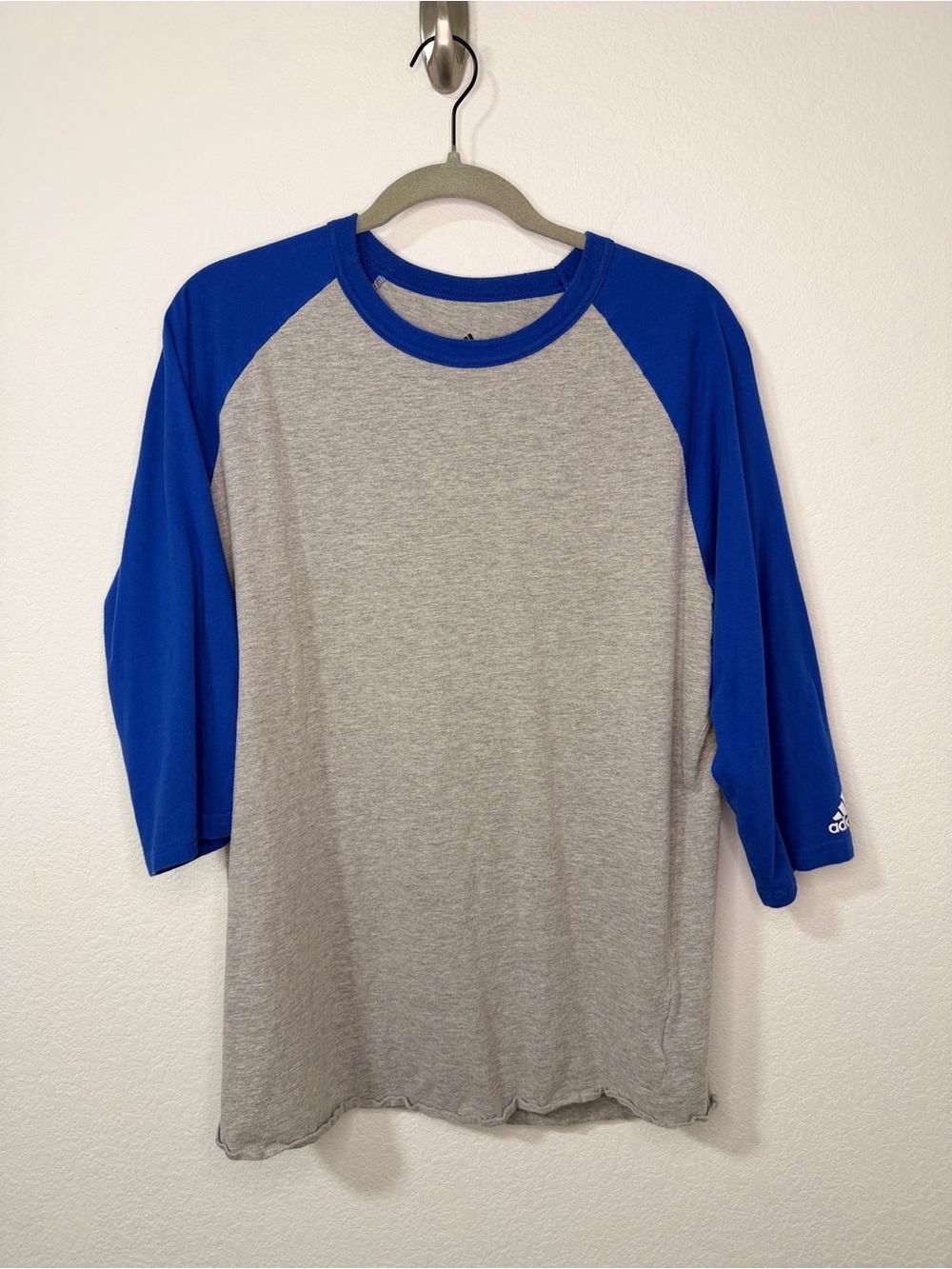 adidas Grey Heather Baseball Tee with Royal Blue Raglan Sleeves
